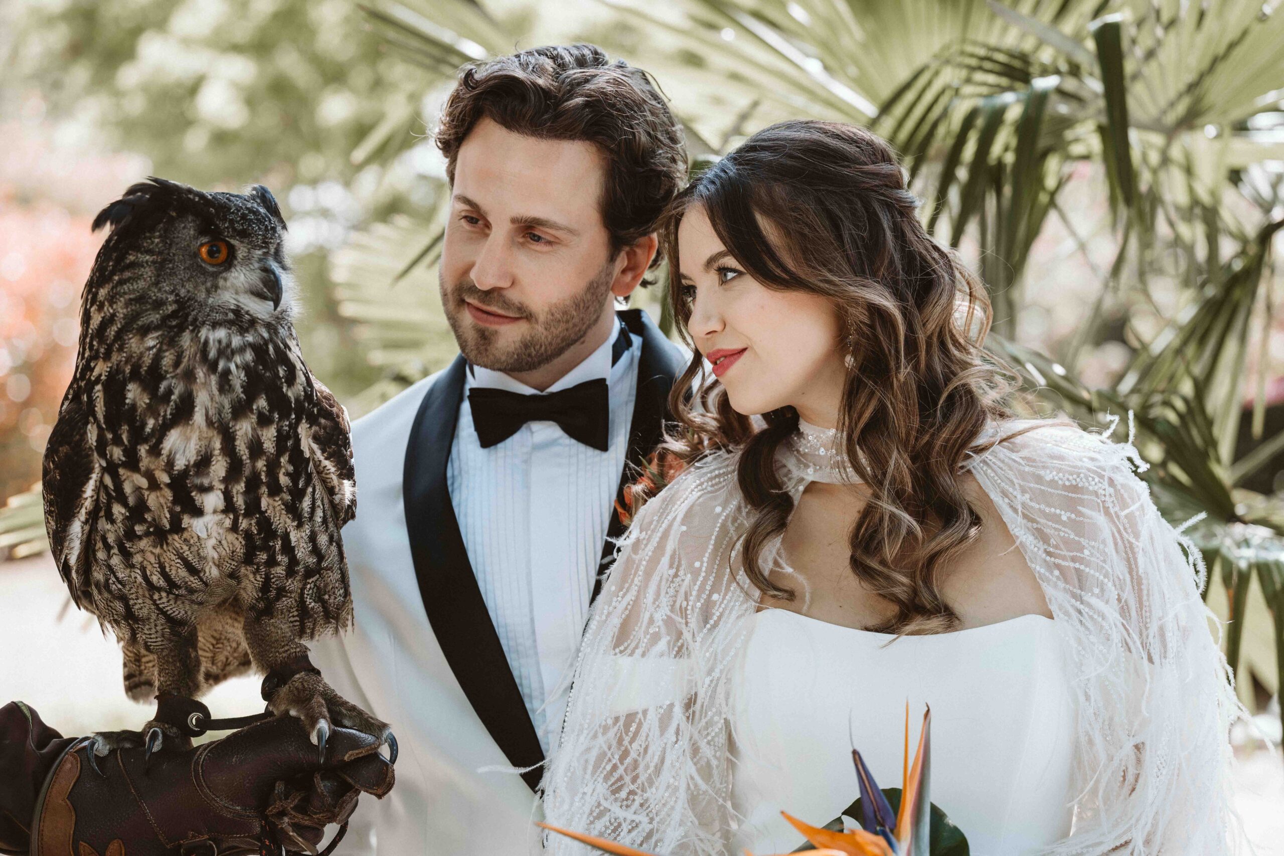 Braut und Bräutigam begegnen einem majestätischen Uhu aus der Falknerei während eines Hochzeitsshootings in der Villa Bodinus im Kölner Zoo.